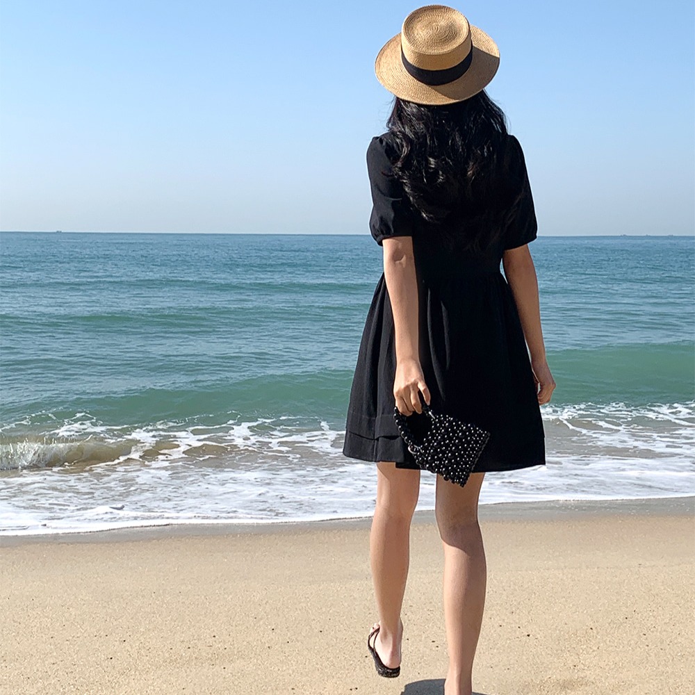 여름 시어서커 스퀘어넥 셔링 A라인 원피스 이미지 7