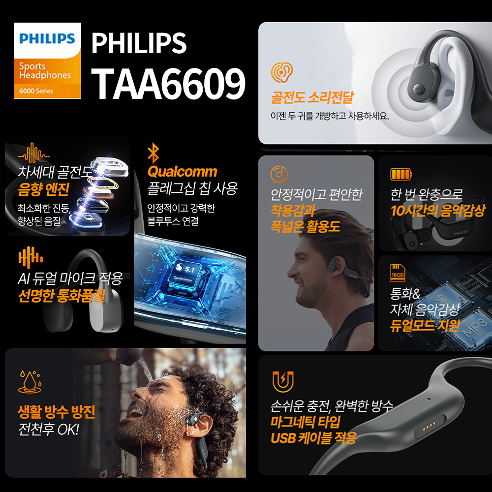 필립스 스포츠형 골전도 헤드셋 16GB 방수방진 노이즈캔슬링 블루투스 이어폰 TAA6609 이미지 7