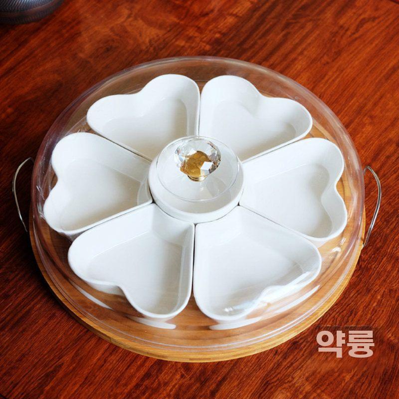 도자기 구절판 하트모양 디저트 그릇 다구 멀티 식기 접시 화이트세트 + 뚜껑 없음 - 상세 이미지 3