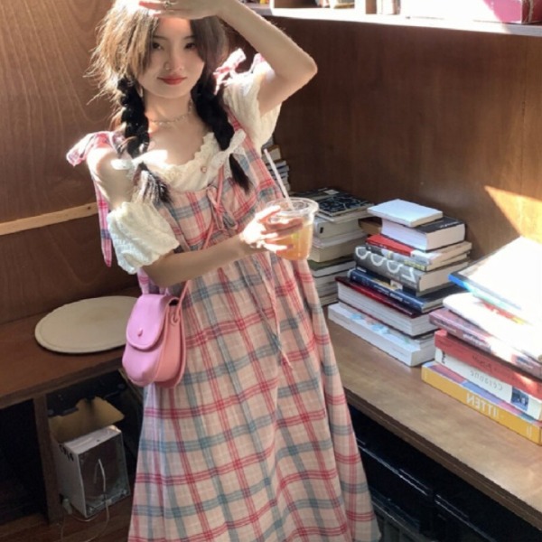 빅사이즈 공주풍 로리타원피스 멜빵 레이스 퍼프블라우스 페이크투피스 A라인 핑크 체크 봄 여름 롱원피스 - 상세 이미지 2