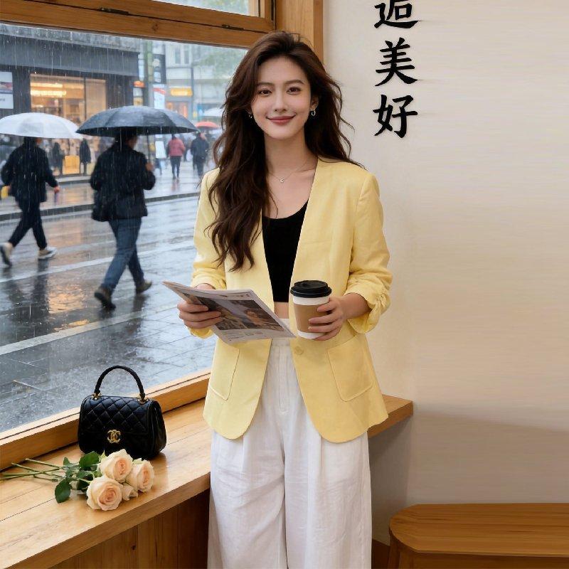 여성 린넨 자켓 7부 소매 여름 블레이저 마자켓 - 상세 이미지 3