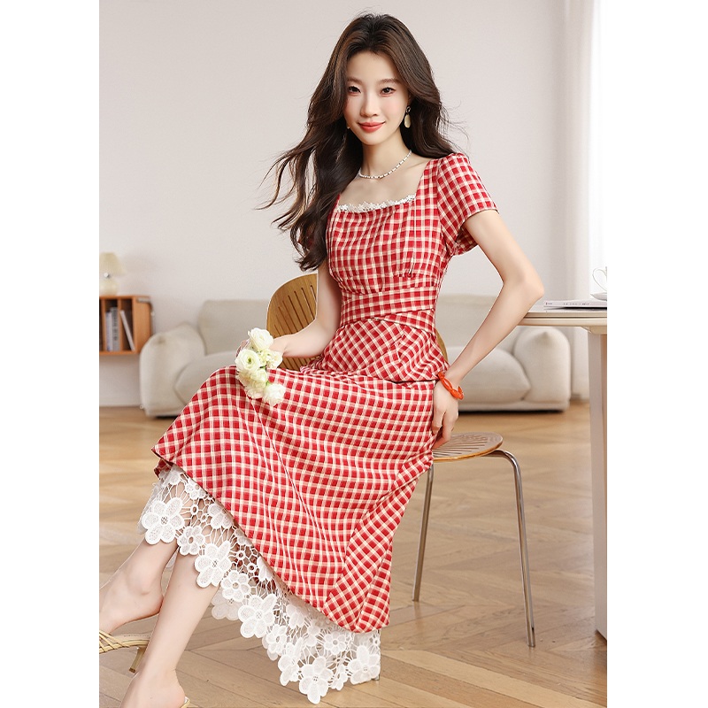 여름 레트로 체크 롱원피스 스퀘어넥 반팔 A라인 허리리본 데이트룩 휴양지룩 - 상세 이미지 3