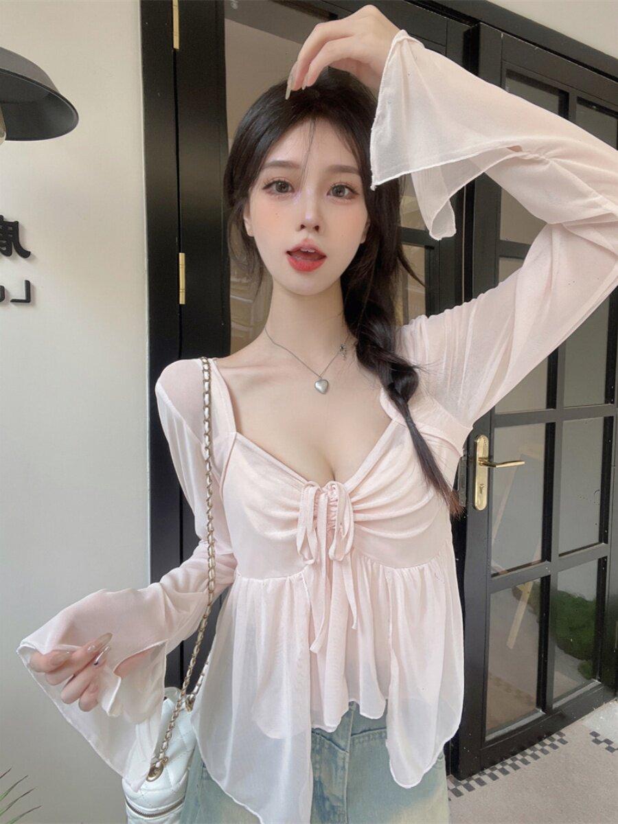 블라우스 여자 봄 여름 티셔츠 슬림 섹시한 긴팔 셔츠 - 상세 이미지 4