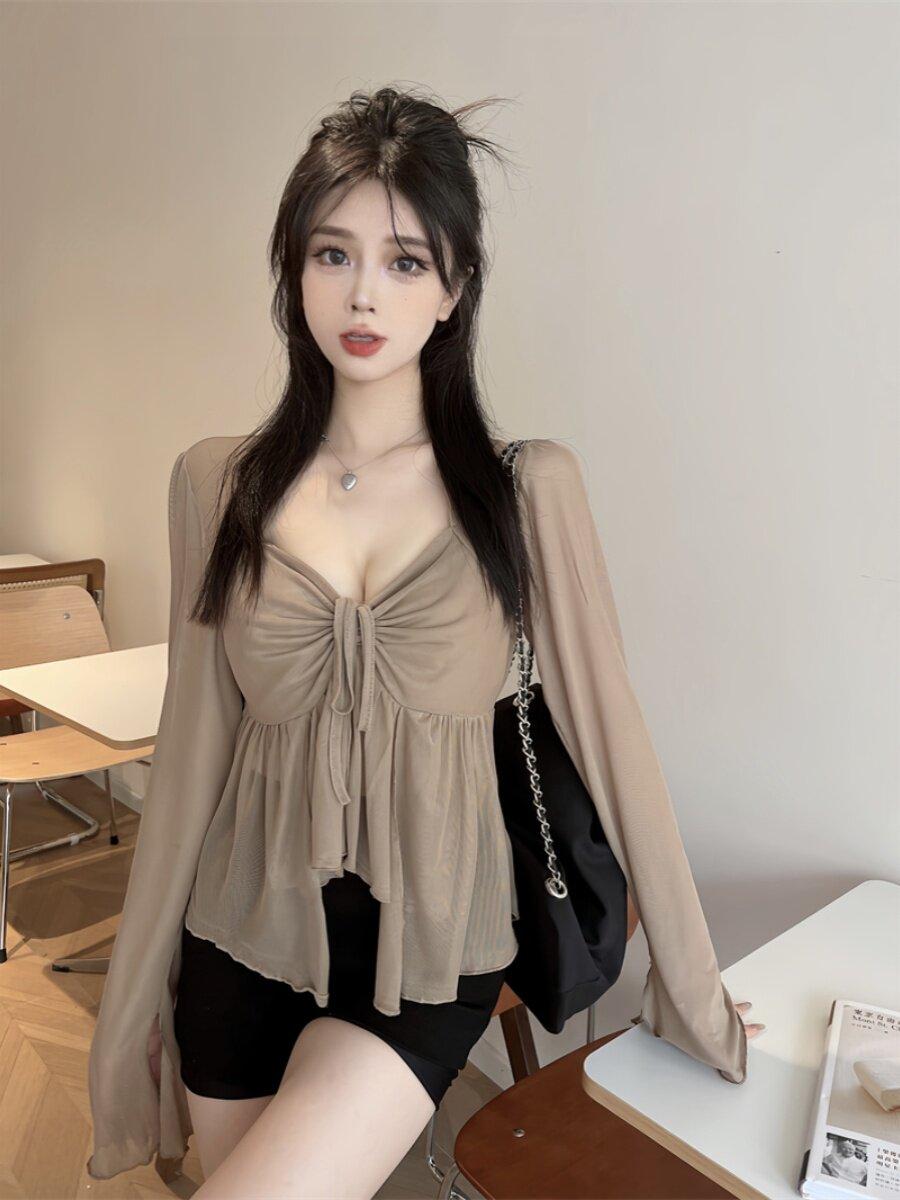 블라우스 여자 봄 여름 티셔츠 슬림 섹시한 긴팔 셔츠 - 상세 이미지 3