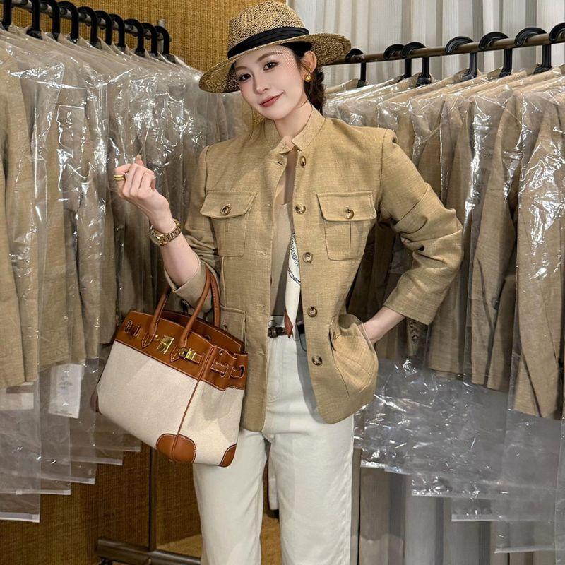 여성용 린넨 자켓 스탠드칼라 여름 아우터 숏자켓 - 상품 이미지