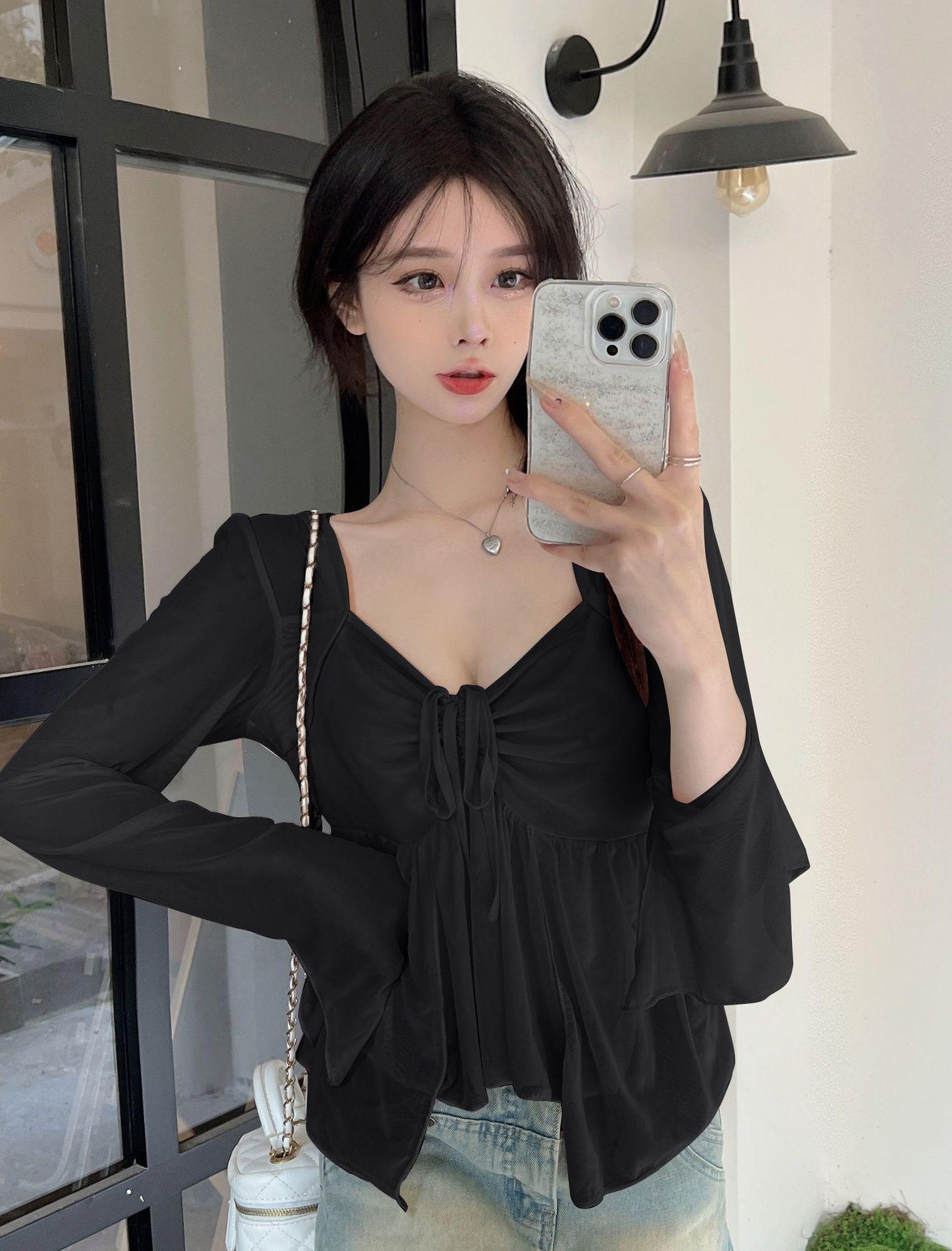 블라우스 여자 봄 여름 티셔츠 슬림 섹시한 긴팔 셔츠 - 상세 이미지 2