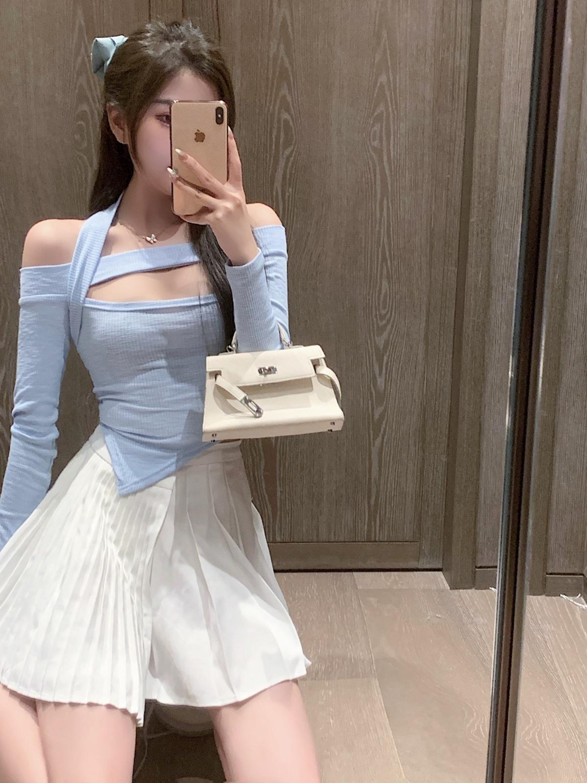 미니멀 니트티셔츠 울 오프숄더 페미닌 크롭 무지 파스텔톤 심플 라운드넥 여자 - 상세 이미지 4