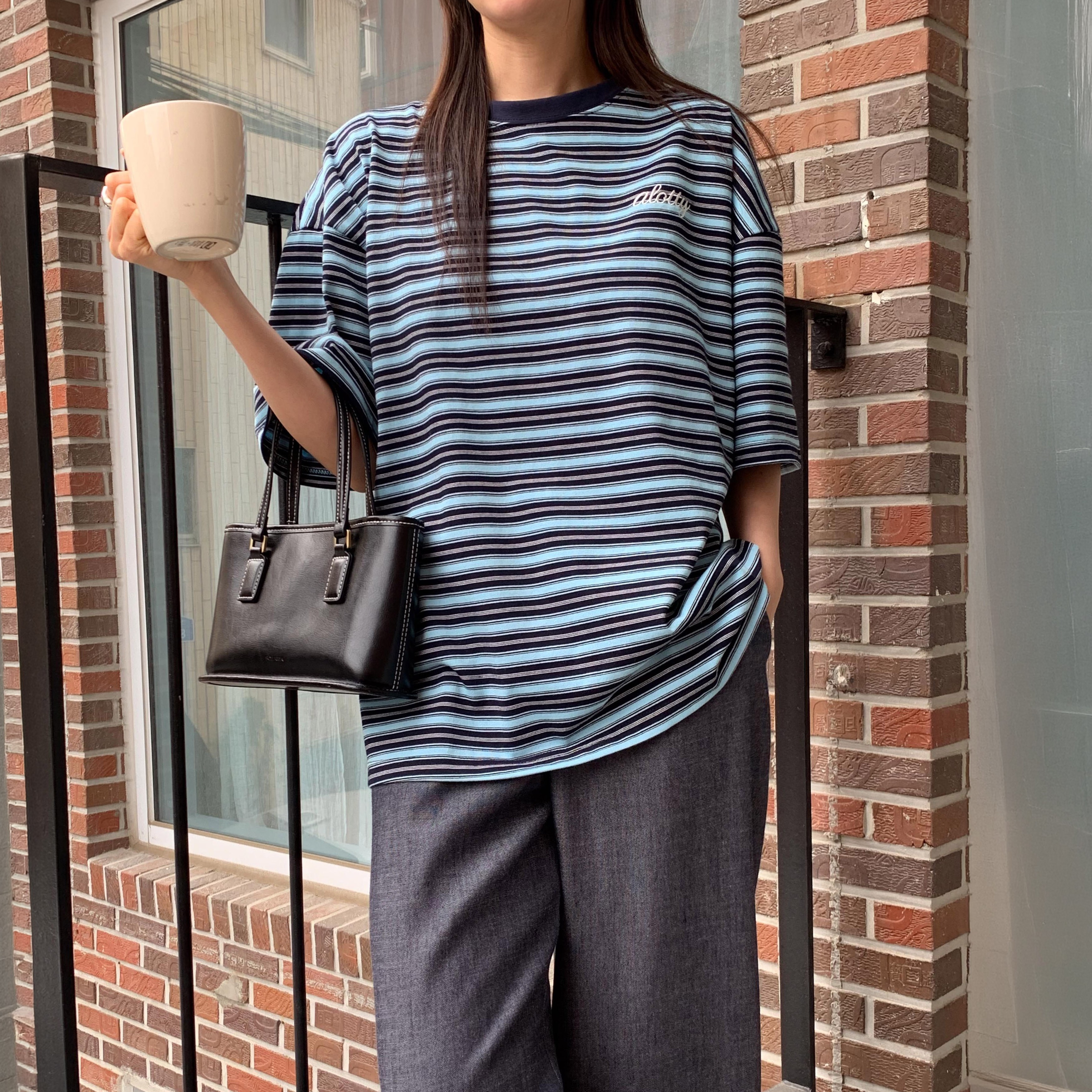 여성 스트라이프 자수 박스티 빅사이즈 반팔티 데일리룩 캐주얼 오버핏 루즈핏 반팔 - 상품 이미지
