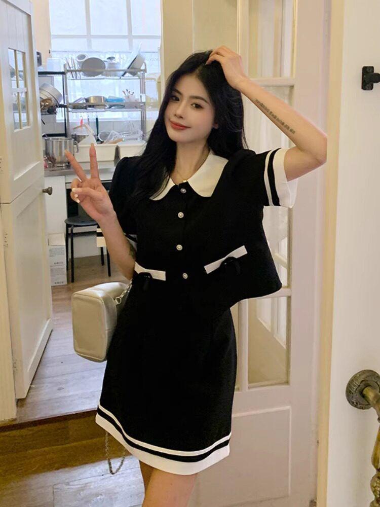 원피스 여성 여름 프렌치 반팔 상의 스커트 투피스 세트 빅사이즈 - 상세 이미지 3
