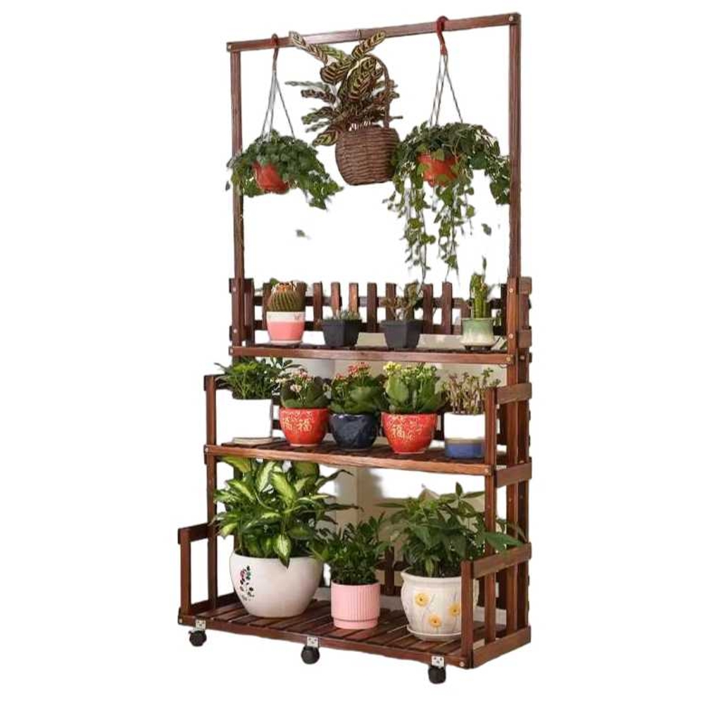 화분행거 빈티지 나무 거치대 공간 베란다 받침대 60cm 3단 바퀴 - 상품 이미지