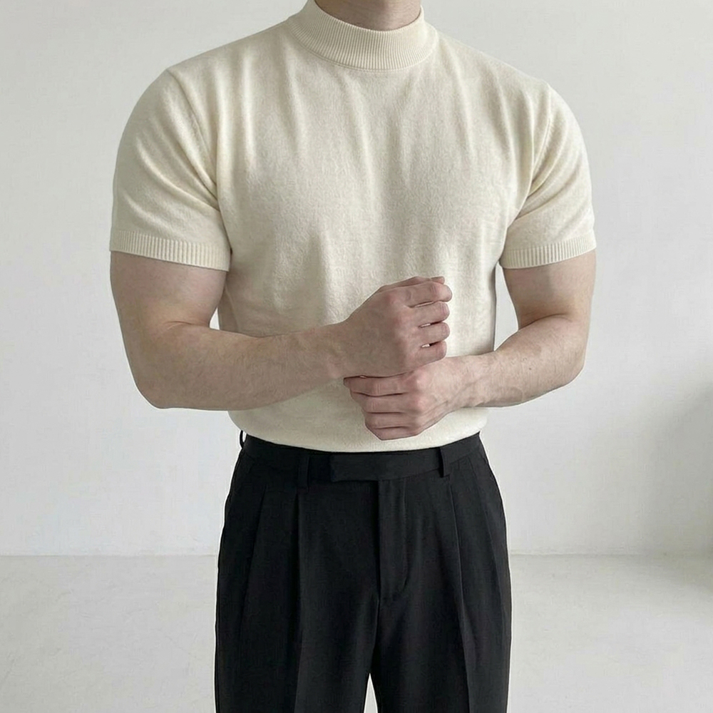 남자 반폴라 머슬핏 반팔 티셔츠 모크넥 반팔티 아이보리, XL - 상세 이미지 2