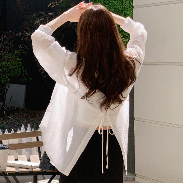 아뜨랑스 링클 시스루 백 리본 포인트 텐셀 오버핏 셔츠 bs8749