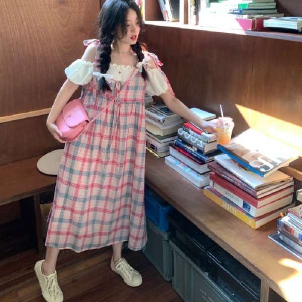 빅사이즈 공주풍 로리타원피스 멜빵 레이스 퍼프블라우스 페이크투피스 A라인 핑크 체크 봄 여름 롱원피스 - 상세 이미지 4