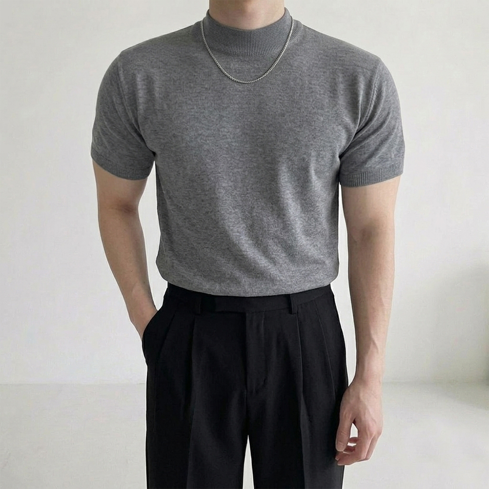 남자 반폴라 머슬핏 반팔 티셔츠 모크넥 반팔티 그레이, L - 상세 이미지 2