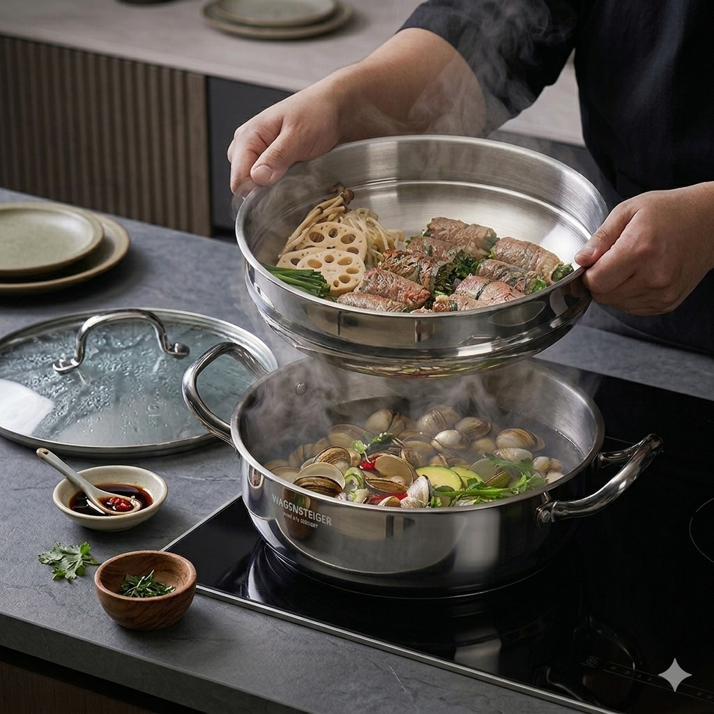 인덕션 스텐 찜기 전골 찜솥 2단 멀티 인덕션용 냄비 28cm - 상품 이미지