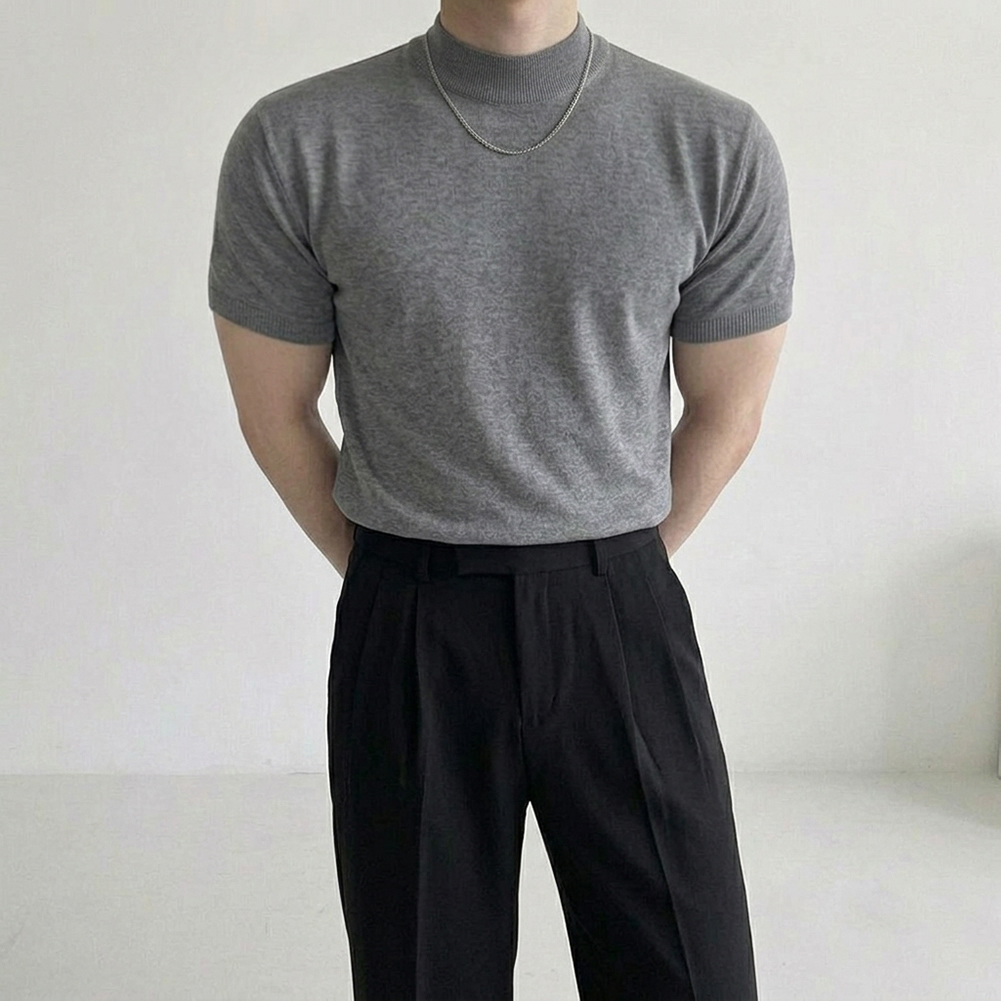 남자 반폴라 머슬핏 반팔 티셔츠 모크넥 반팔티 그레이, L - 상품 이미지