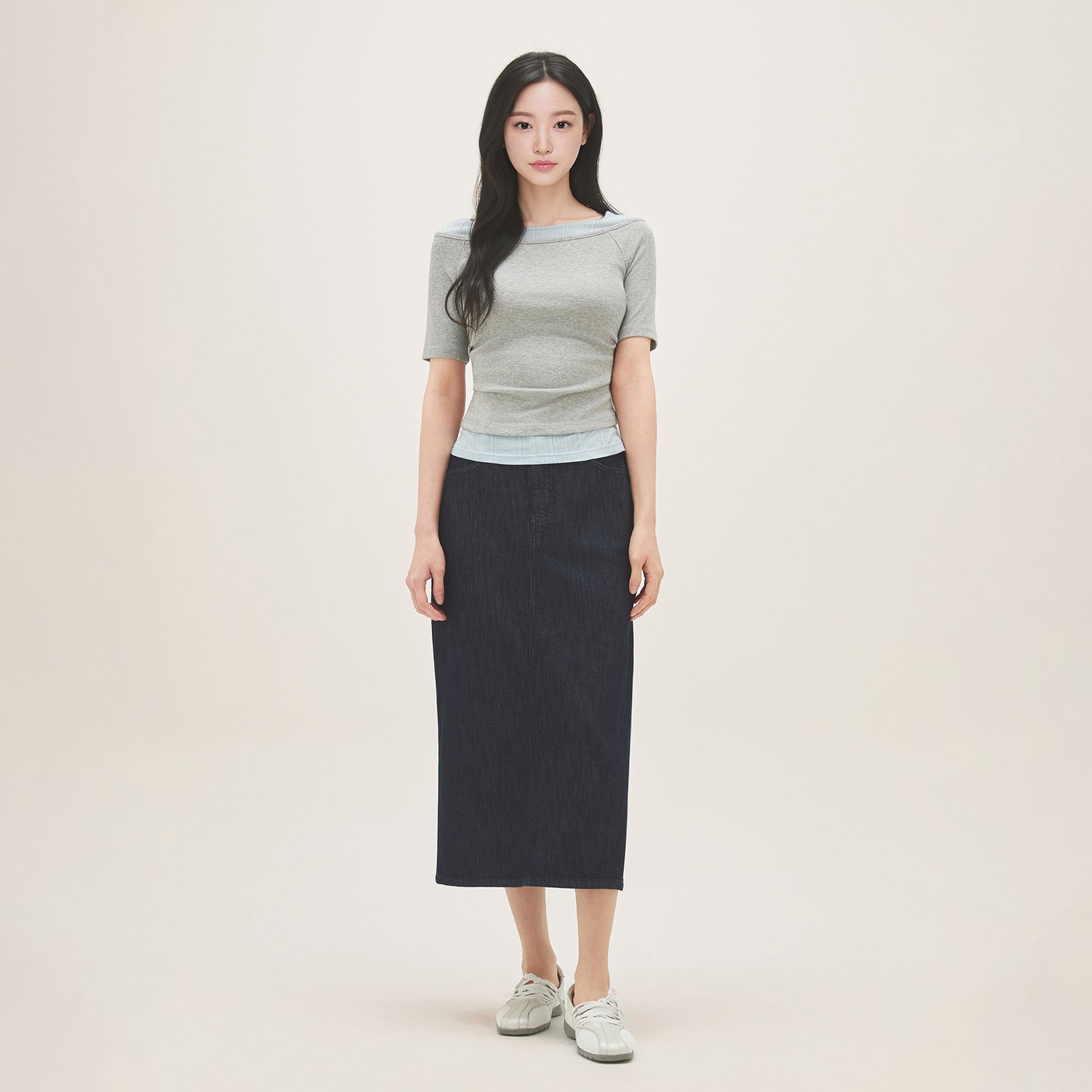 로엠 린넨 데님 H라인 롱 스커트 RMWJG25G11 이미지 3