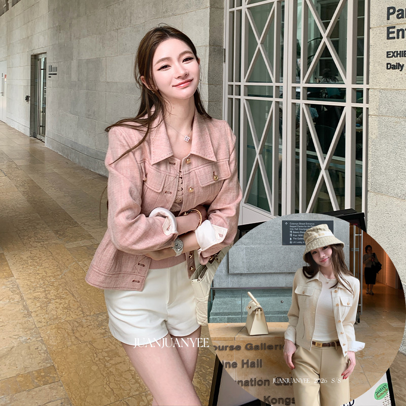 여성 린넨 숏 자켓 트위드 여름 크롭 블레이저 핑크 - 상품 이미지