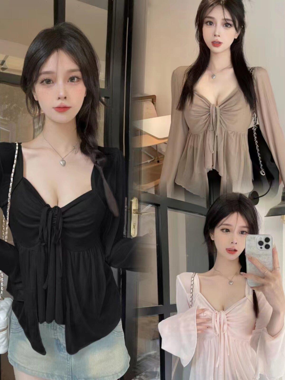 블라우스 여자 봄 여름 티셔츠 슬림 섹시한 긴팔 셔츠 - 상품 이미지