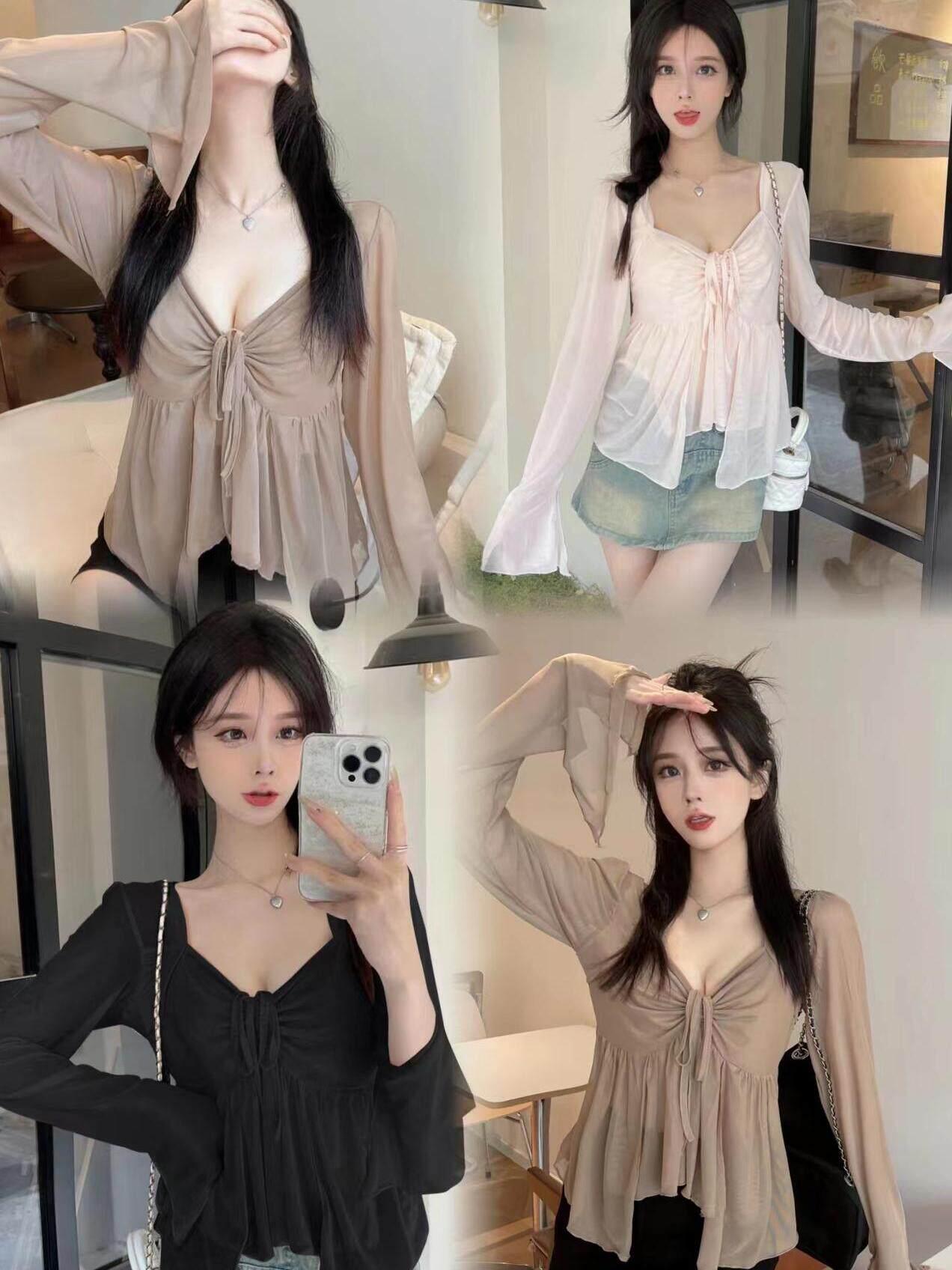 블라우스 여자 봄 여름 티셔츠 슬림 섹시한 긴팔 셔츠 - 상세 이미지 5
