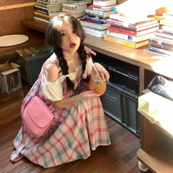 빅사이즈 공주풍 로리타원피스 멜빵 레이스 퍼프블라우스 페이크투피스 A라인 핑크 체크 봄 여름 롱원피스 - 상품 이미지