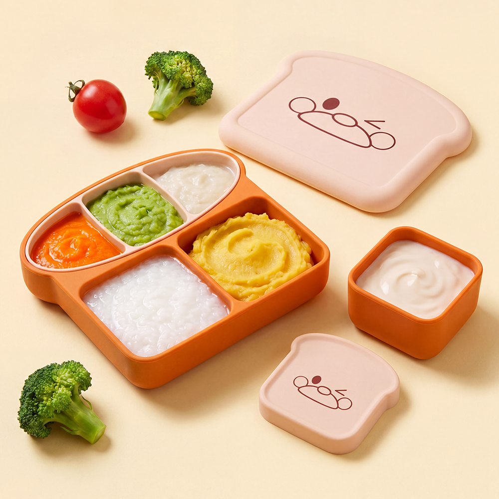 퍼기 브레드이발소 식빵 실리콘 흡착볼 흡착식판 이유식 용기 유아 아기 그릇 SET - 상품 이미지