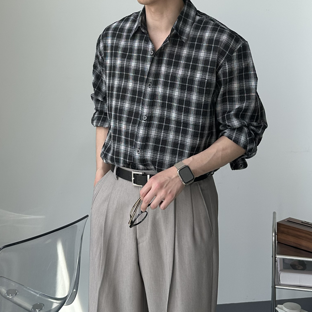 남자 셔츠 오버핏 봄 여름 체크 남방 남성 와이 셔츠 - 상세 이미지 3