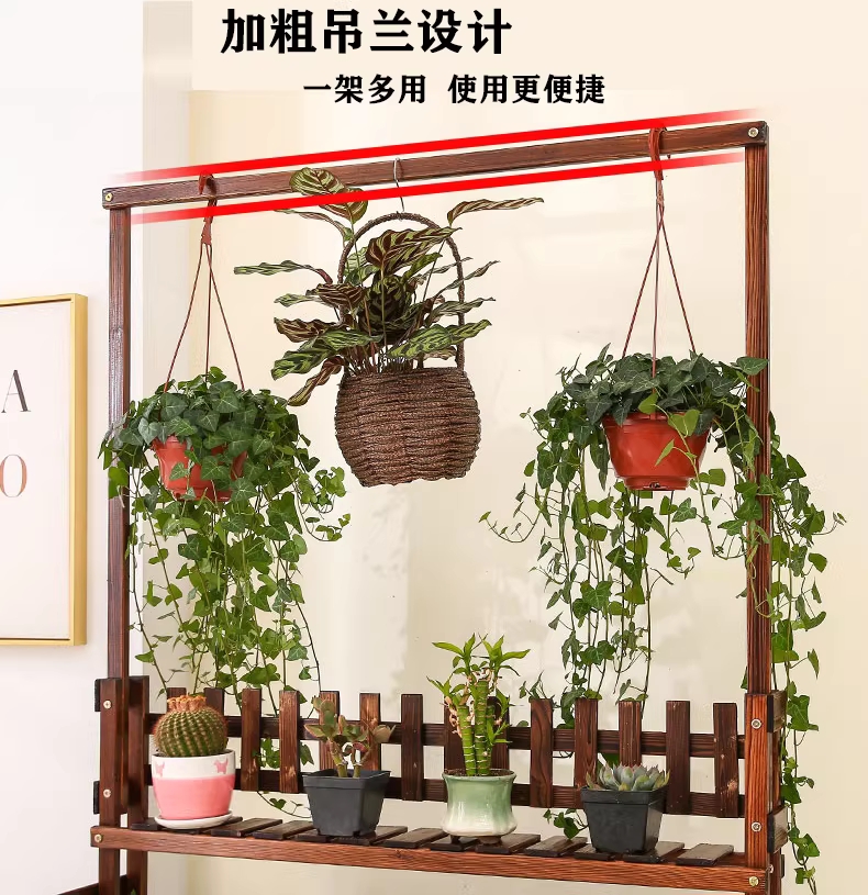 화분행거 빈티지 나무 거치대 공간 베란다 받침대 60cm 3단 바퀴 - 상세 이미지 3