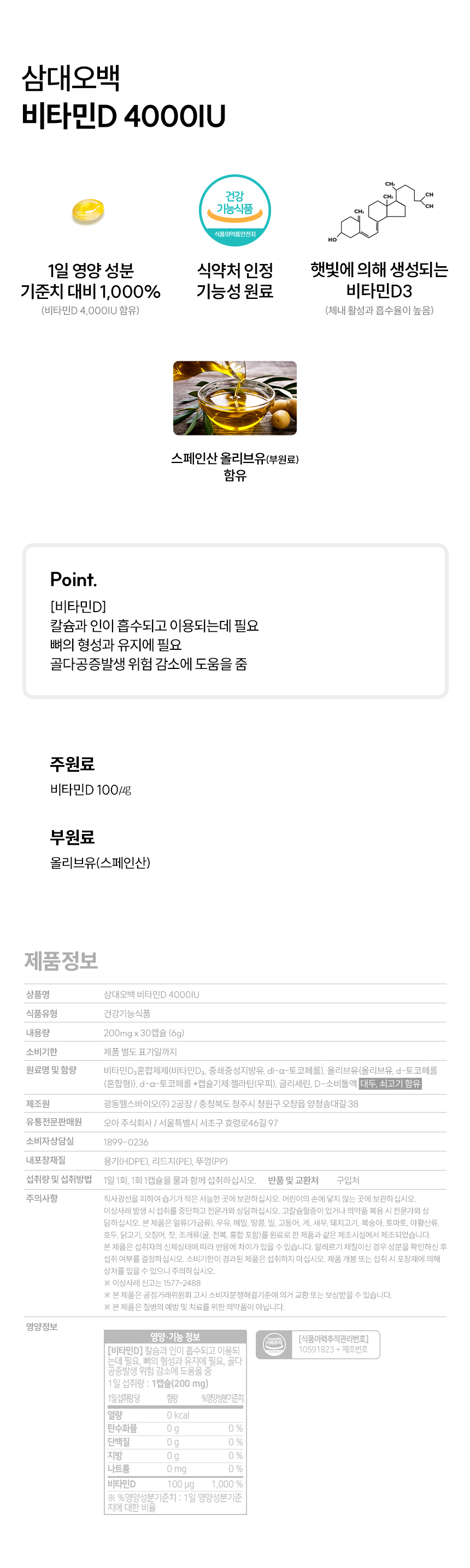 삼대오백 비타민D 4000IU 200mgx30캡슐 상세 이미지 1