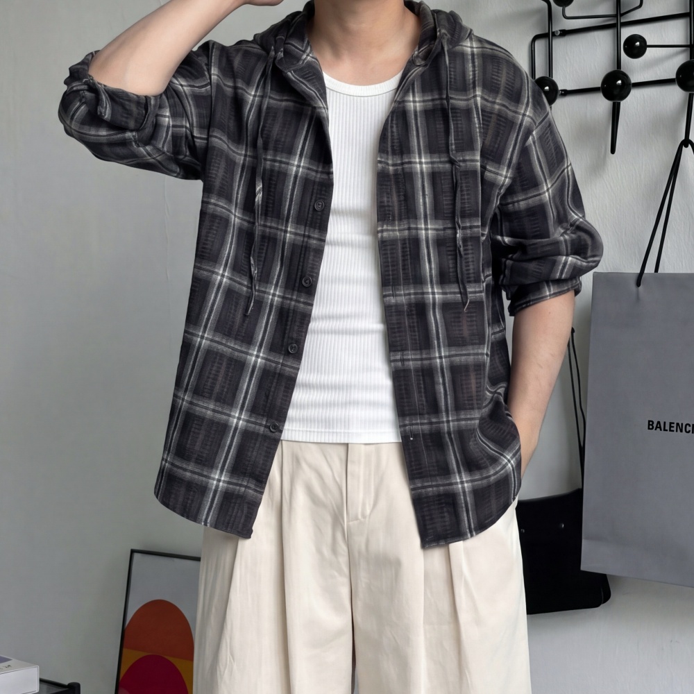 여름 오버핏 시어서커긴팔셔츠 크롭 후드 체크셔츠 이미지 8