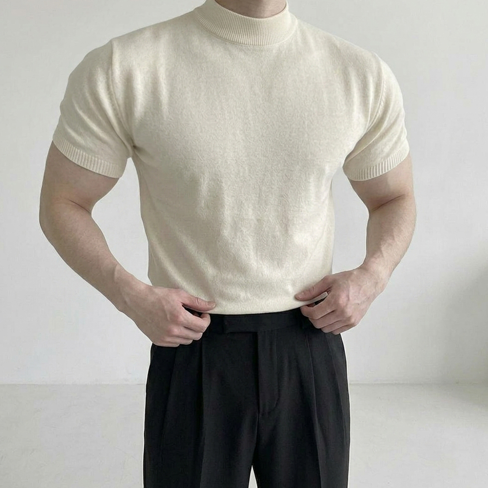 남자 반폴라 머슬핏 반팔 티셔츠 모크넥 반팔티 아이보리, XL - 상세 이미지 5