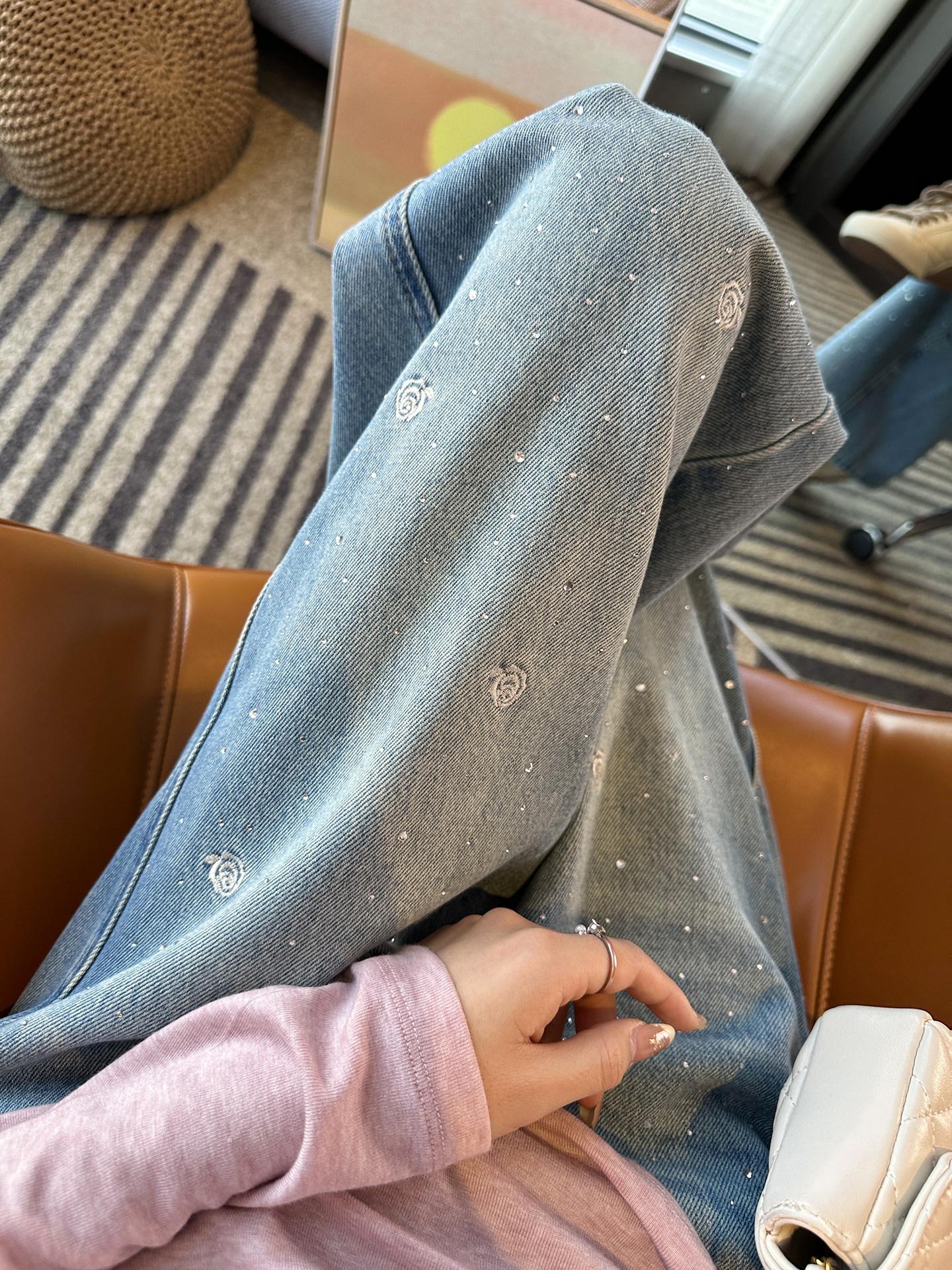 꽃 청바지 빅사이즈 하이웨스트 데님 일자 루즈핏 배기바지 통바지 워싱 배기팬츠 - 상세 이미지 3
