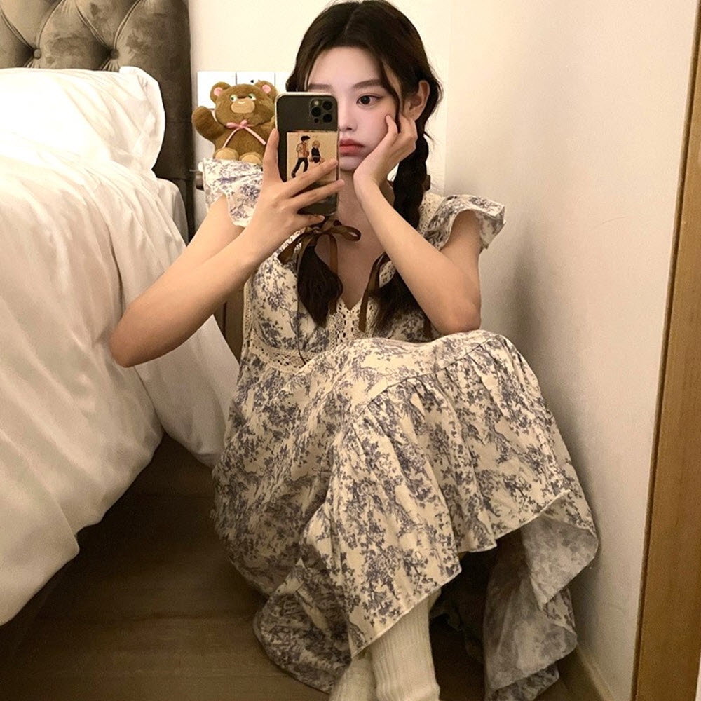 브라캡내장 민소매 잠옷 원피스 프릴 레이스 여름 여성 잠옷 홈웨어LACH2907337 - 상세 이미지 2