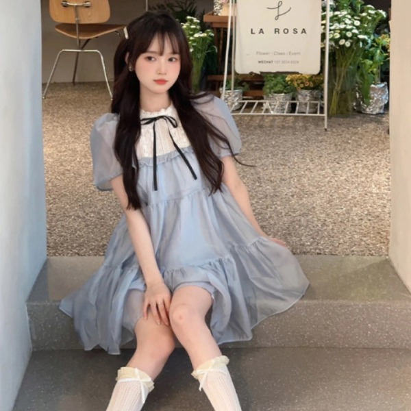 여성 여름 양산형 로리타룩 공주풍 스타일 숏 드레스 데일리룩 귀여운 러블리 바캉스룩 원피스 - 상품 이미지