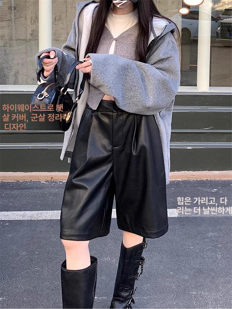 고급형 PU가죽 반바지 캐주얼 스타일 패션 여름 솔리드 허리 웨이스트 하이웨스트 - 상세 이미지 3
