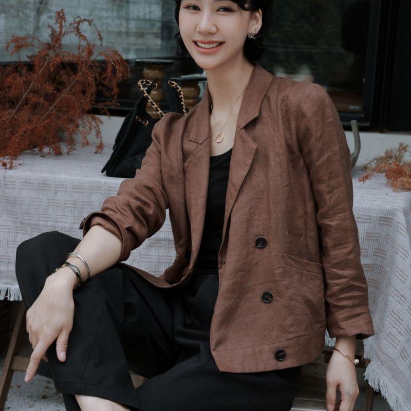 여성 프리미엄 린넨 자켓 더블 버튼 여름 숏 블레이저 - 상품 이미지