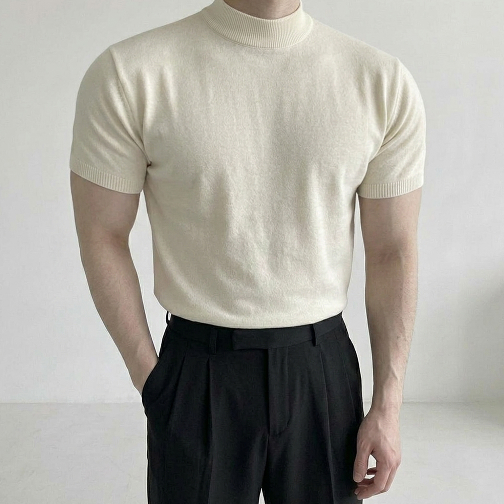 남자 반폴라 머슬핏 반팔 티셔츠 모크넥 반팔티 아이보리, XL - 상세 이미지 4