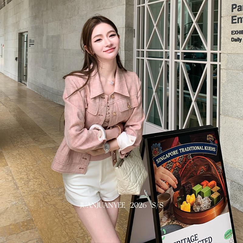 여성 린넨 숏 자켓 트위드 여름 크롭 블레이저 핑크 - 상세 이미지 2
