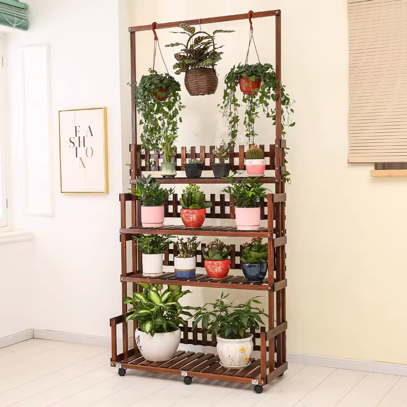 화분행거 빈티지 나무 거치대 공간 베란다 받침대 60cm 3단 바퀴 - 상세 이미지 2
