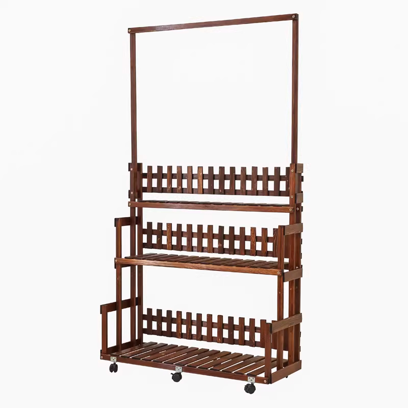 화분행거 빈티지 나무 거치대 공간 베란다 받침대 60cm 3단 바퀴 - 상세 이미지 4