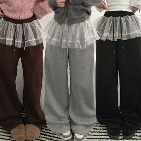 소프트 여성 와이드 팬츠 레이어드 여성 프릴 팬츠 편안한 밴딩 - 상품 이미지