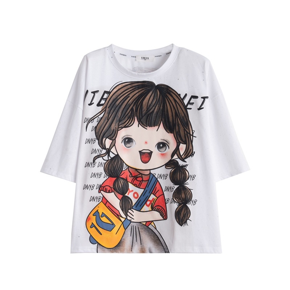 여성 Lily 일러스트 오버핏 루즈핏 2Color 반팔 티셔츠 프린트 여름 상의 6681 - 블랙 M - 상세 이미지 4