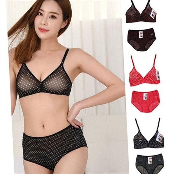 홑겹 여성 브라 팬티 망사 여성 도트 속옷 노와이어 - 상품 이미지