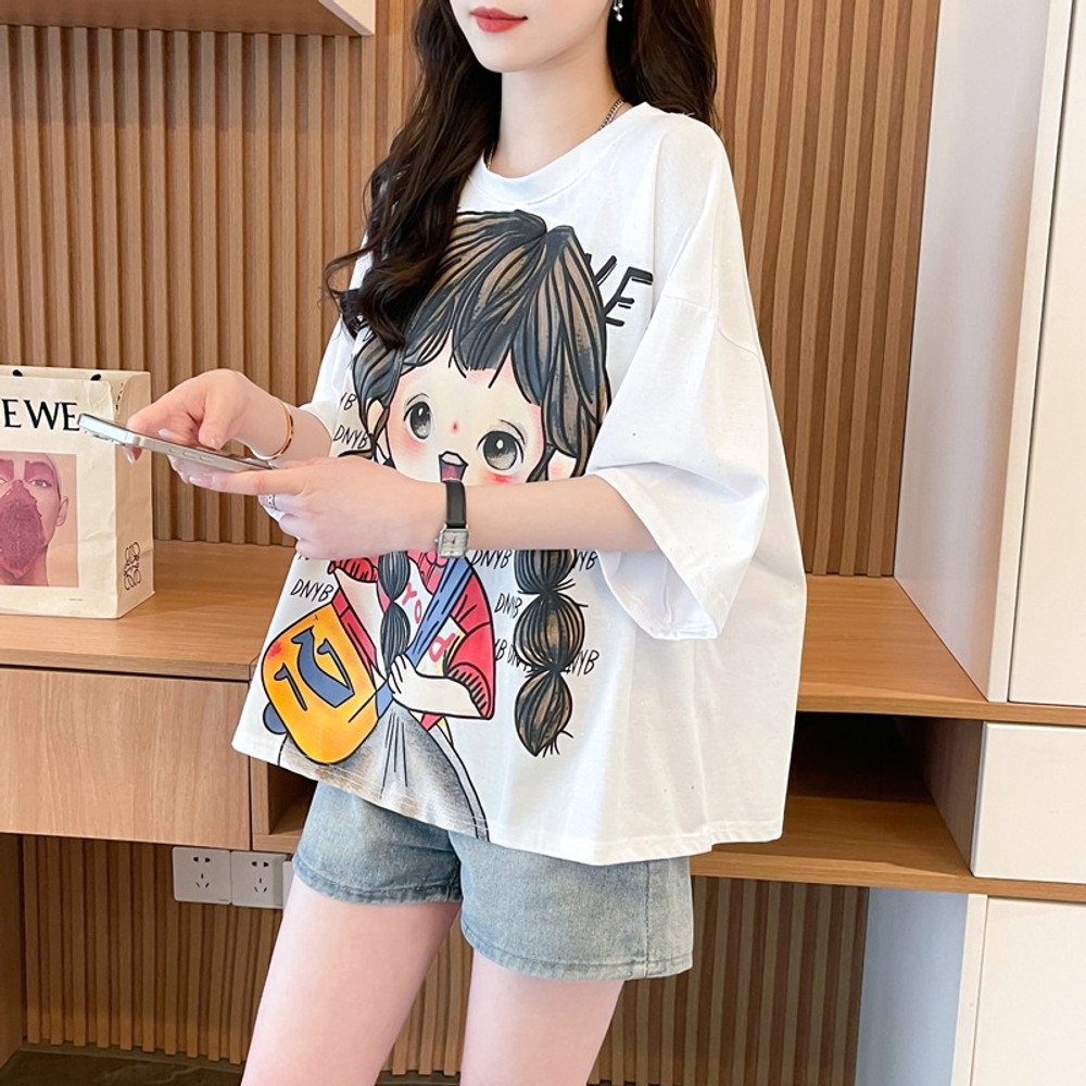 여성 Lily 일러스트 오버핏 루즈핏 2Color 반팔 티셔츠 프린트 여름 상의 6681 - 블랙 M - 상세 이미지 3