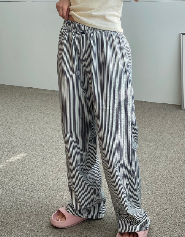 쁘띠 리본 스트라이프 팬츠 코지 패션 바지 줄지 홈웨어 빈티지 - 상세 이미지 3