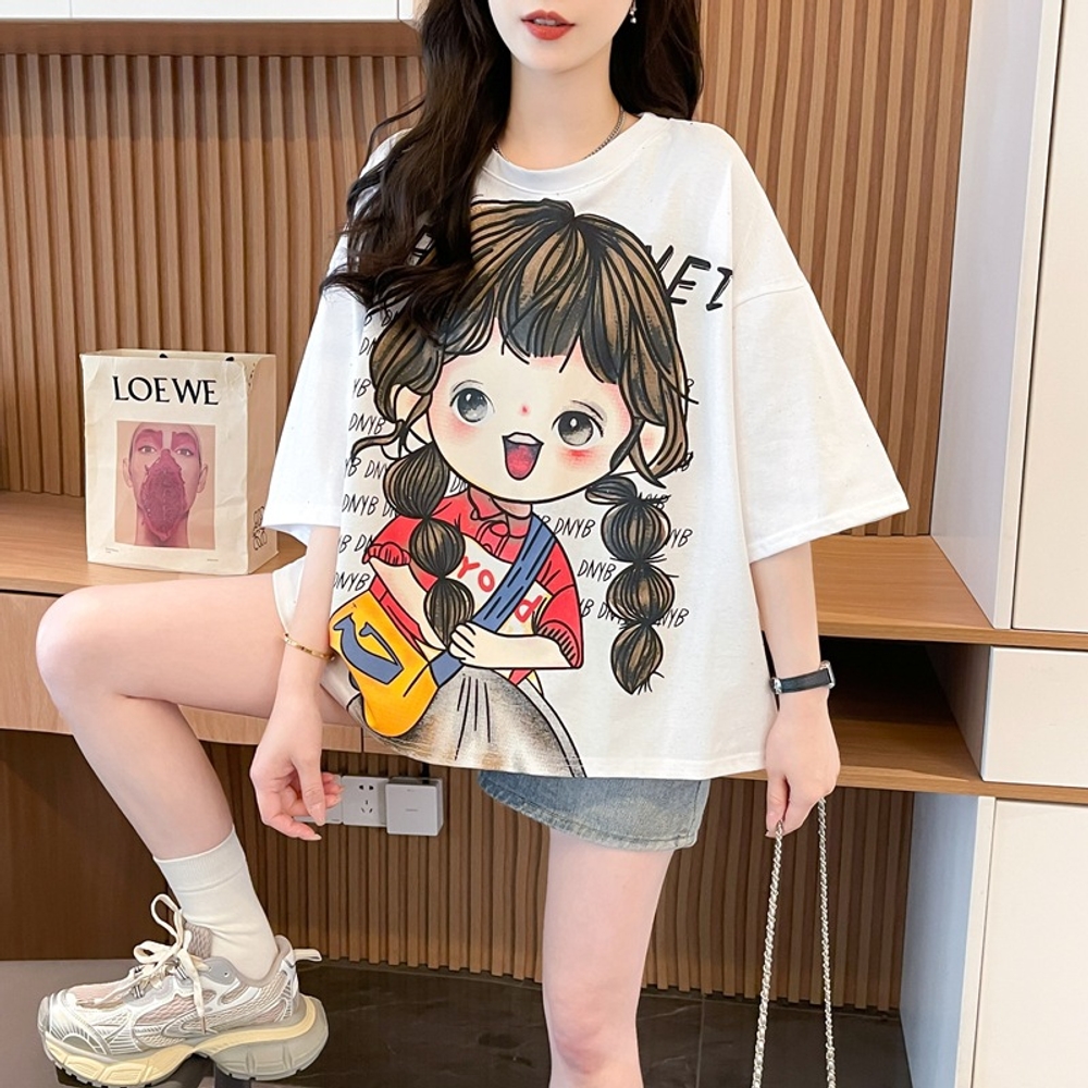 여성 Lily 일러스트 오버핏 루즈핏 2Color 반팔 티셔츠 프린트 여름 상의 6681 - 블랙 M - 상품 이미지
