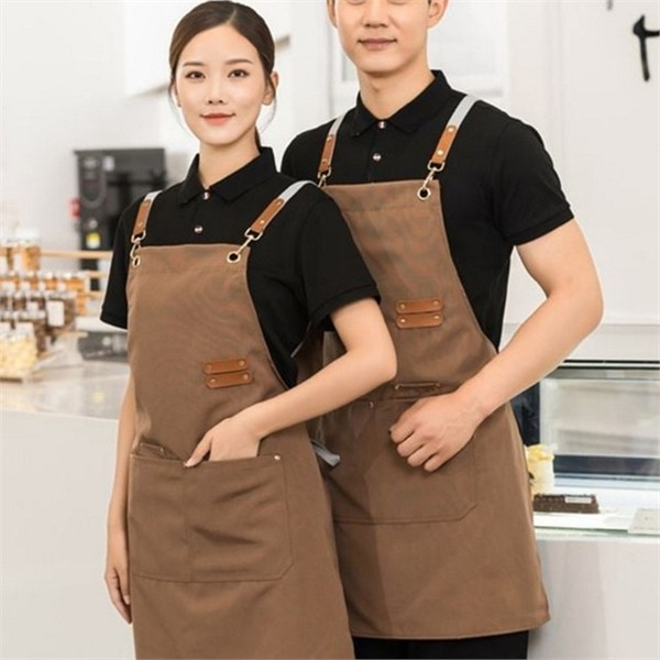 작업용 캔버스 앞치마 핸드메이드 바리스타 앞치마 데일리 주방 카페 가죽 - 상품 이미지