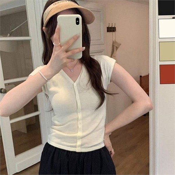 슬림 여성 민소매 가디건 짧은 여성 브이넥 가디건 반팔 오픈 - 상품 이미지