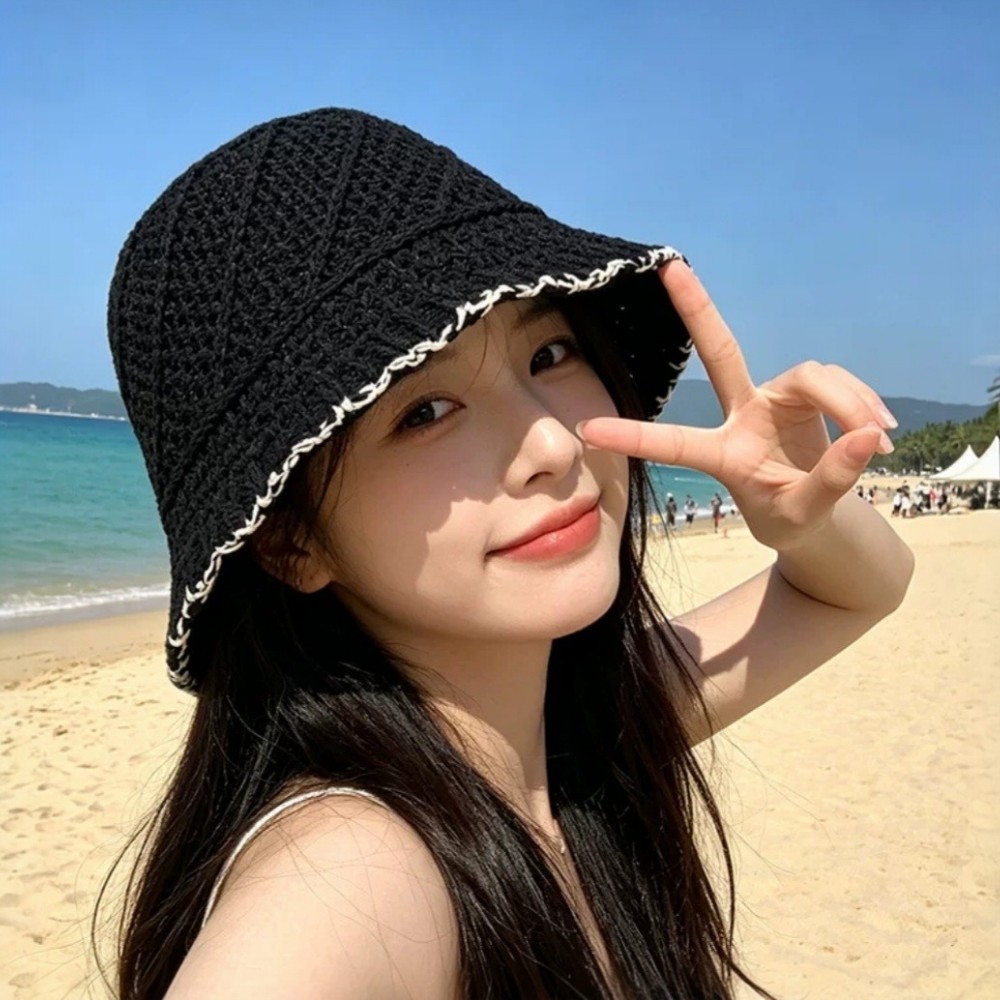 여성 라탄 버킷햇 여름 자외선차단 니트 왕골 벙거지 얼굴소멸 비치햇 - 상세 이미지 4