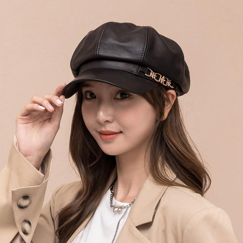 베레모 모자 배래모 겨울 패션햇 빵모자 여성용 화가모 중년 레더 가죽 빈티지 스타일 - 상품 이미지